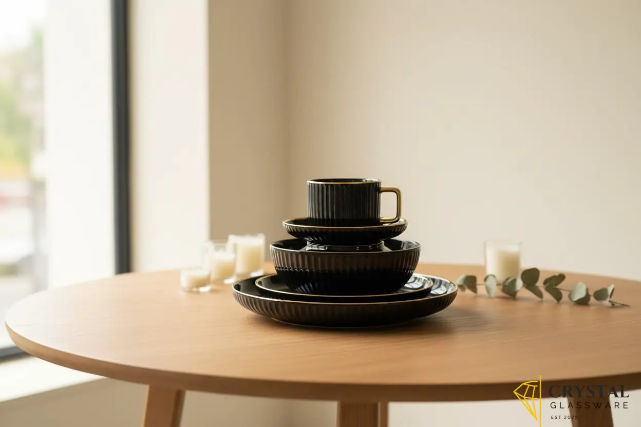 Multicolour 32-piece ceramic dinner set featuring a ribbed texture and gold trim